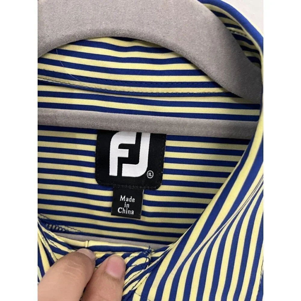 Foot Joy Golf Shirt Men XL Yellow And Blue Striped Short Sleeve 3 Button Collar